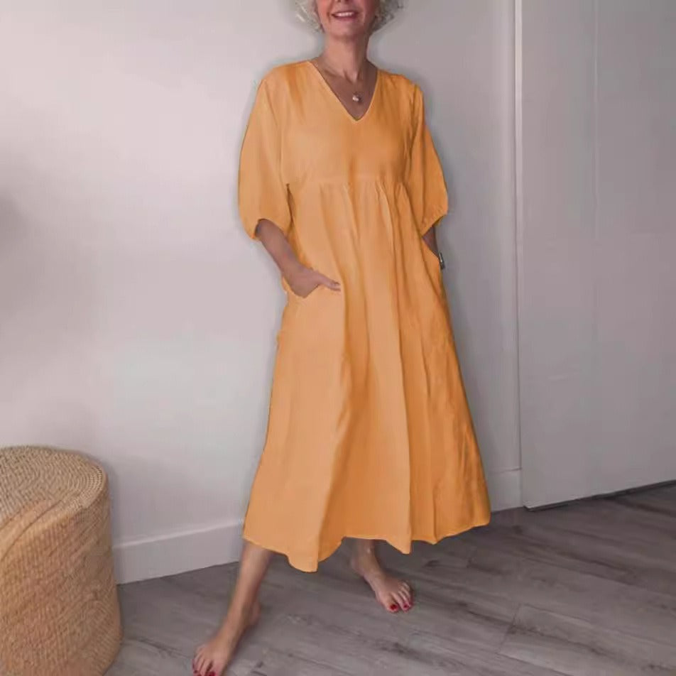 Women's cotton linen midi dress relaxed fit deep V-neck cuffed sleeves with pockets everyday style