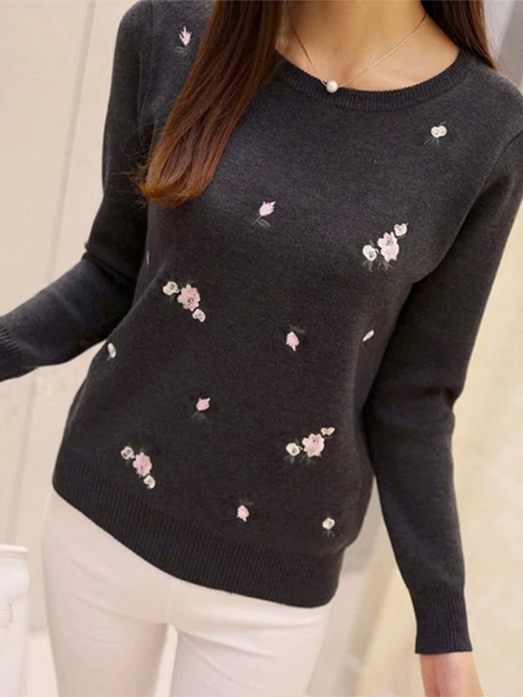 Women's wool blend knit sweater in cozy fall tones with embroidered floral design, regular fit