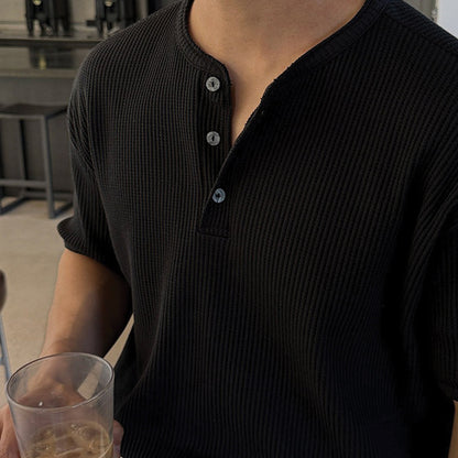 Ribbed cotton henley t-shirt regular fit with 3-button placket, versatile casual and tailored style