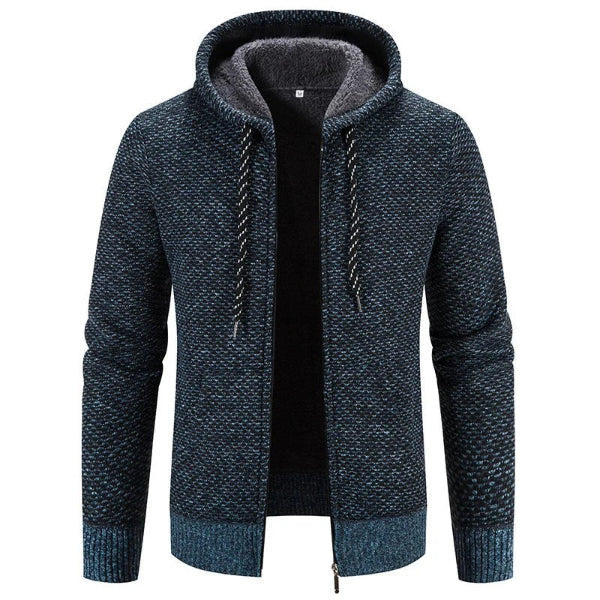 Men's hooded cardigan knit texture plush lining relaxed fit zip closure casual fall winter