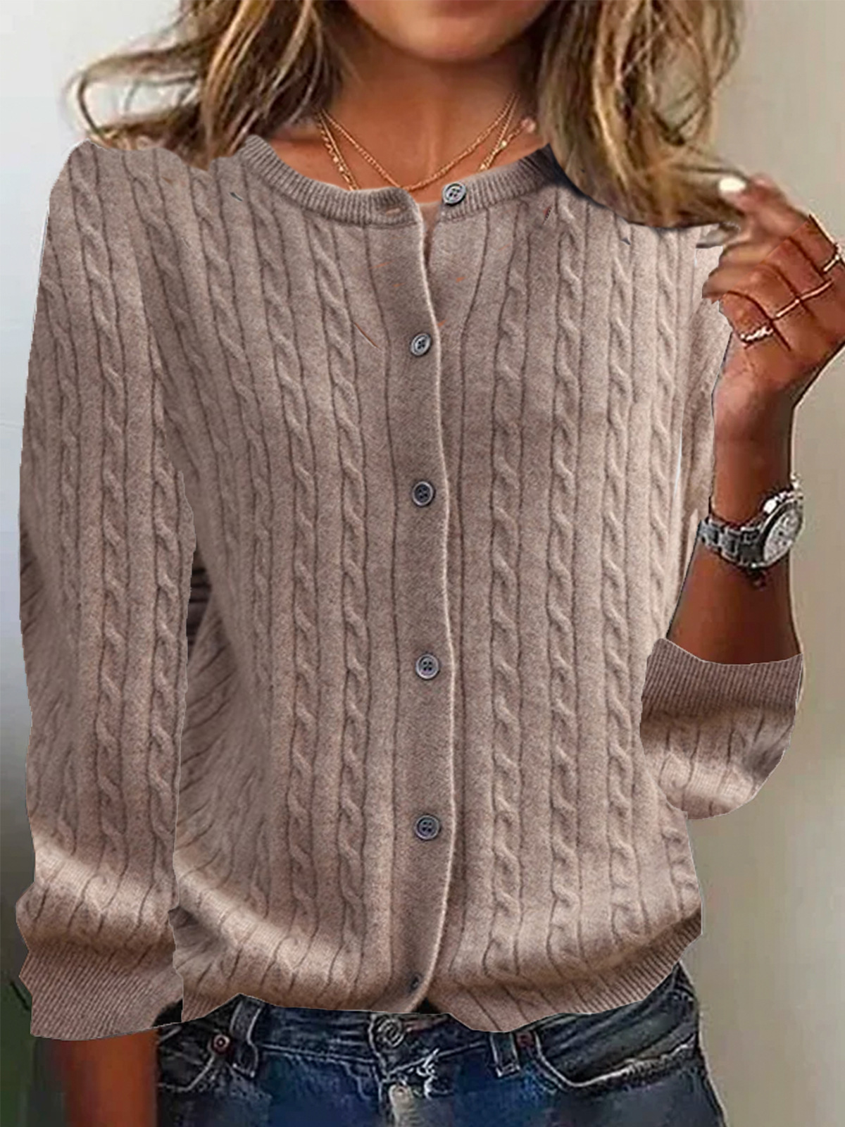 Women's cream wool cable knit cardigan, relaxed fit with button front closure and long sleeves