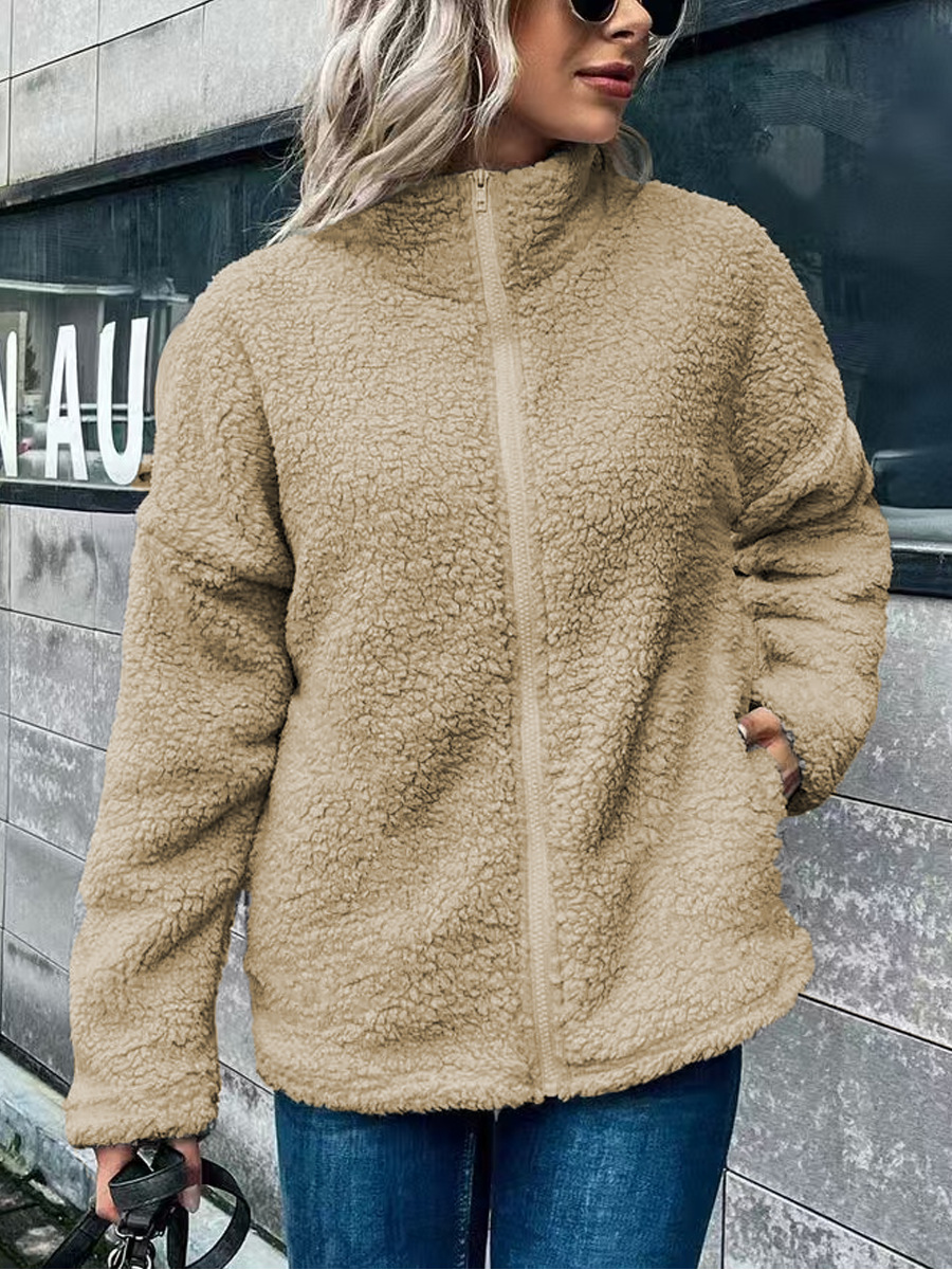 Women's oversized wool blend fleece coat with stand collar, long sleeves, and zip closure