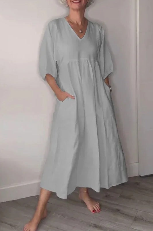 Women's cotton linen midi dress relaxed fit deep V-neck cuffed sleeves with side pockets