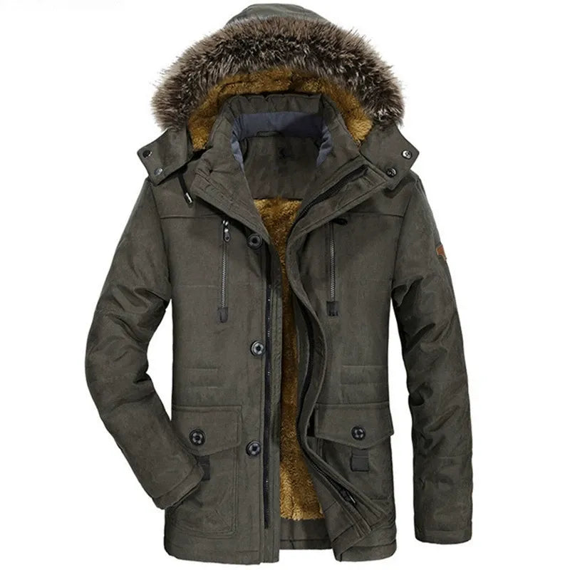 Men's mid-length winter parka regular fit plush lining detachable faux fur hood cold weather coat