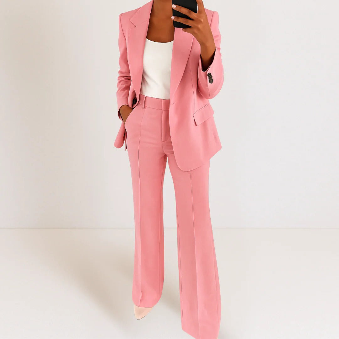 Women's black blazer and pants set, tailored slim-fit silhouette, breathable polyester professional office wear