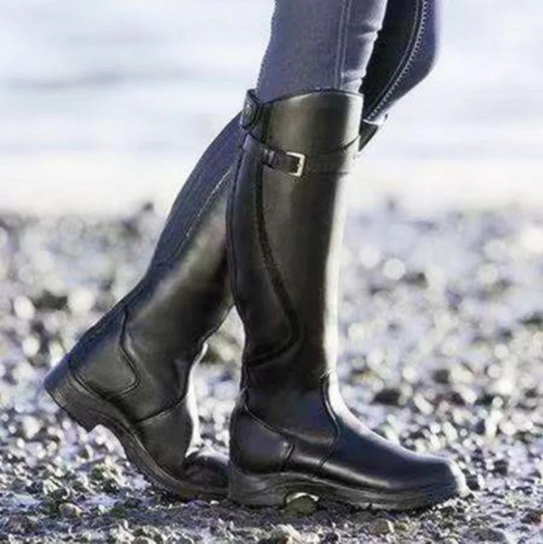 Women's genuine leather equestrian riding boots, waterproof tall shaft, classic brown western style