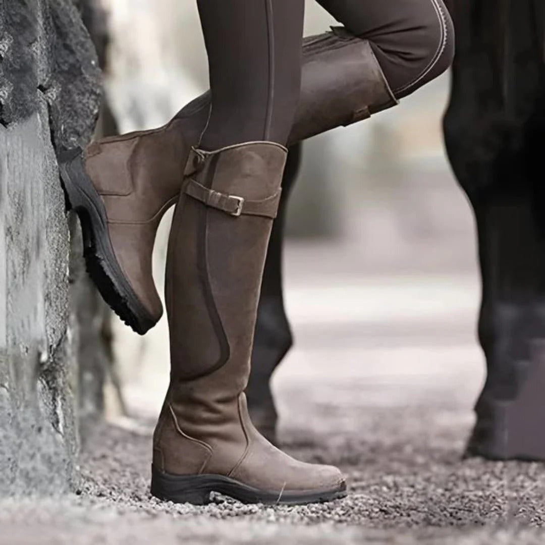 Women's genuine leather equestrian riding boots, waterproof pull-on style with molded leg fit