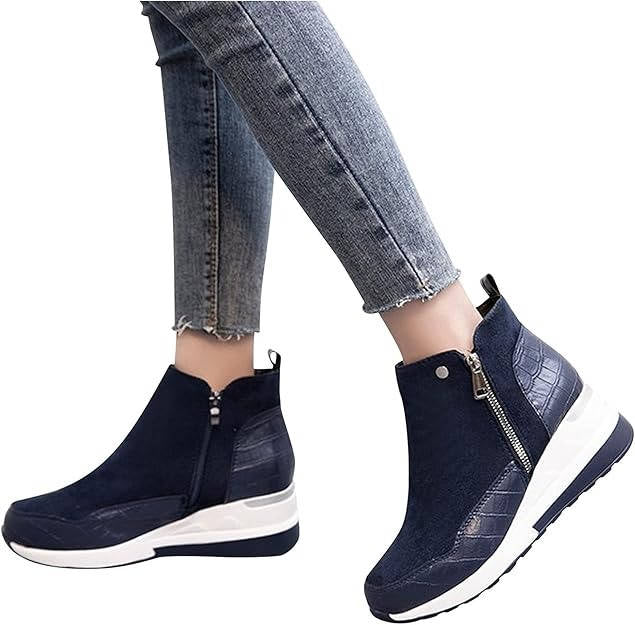 Women's black wedge sneaker boots with side zip closure and chunky heel for all-day support
