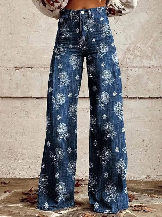 Women's high-waisted floral pants vintage-inspired wide-leg silhouette bold colorful print