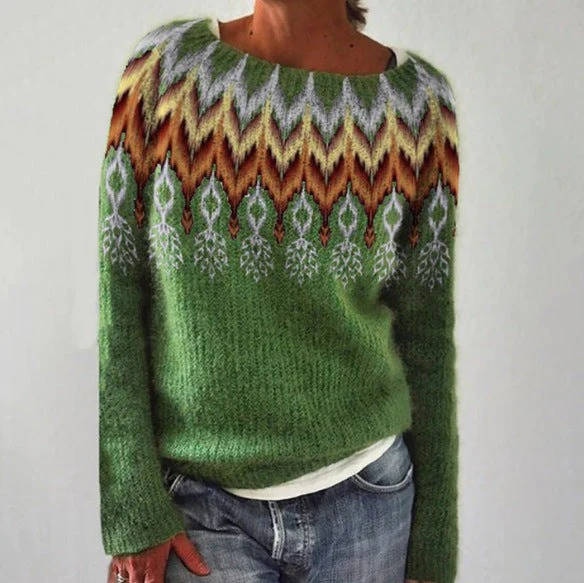 Women's soft wool Nordic sweater with Fair Isle print in cozy vintage Aztec-inspired mountain motif