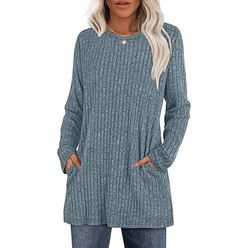 Women's casual hip-length tunic sweater in solid color, stretch knit with functional side pockets