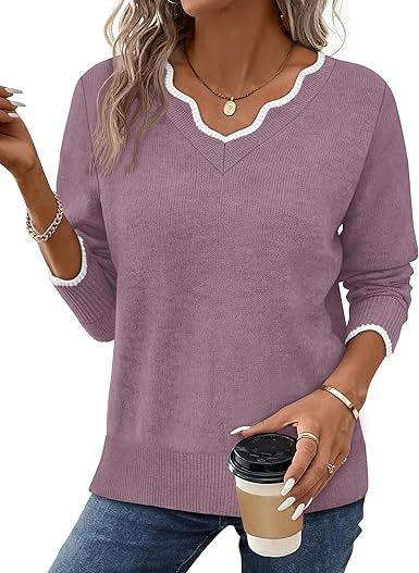 Women's cozy fuzzy knit V-neck sweater relaxed fit long sleeve casual fall top