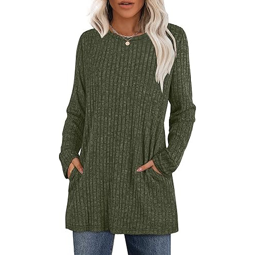 Wavlynn women's hip-length tunic sweater with side pockets, casual stretch knit, relaxed everyday fit