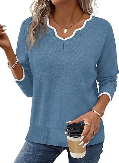 Women's cozy fuzzy knit V-neck sweater relaxed fit long sleeve casual fall top