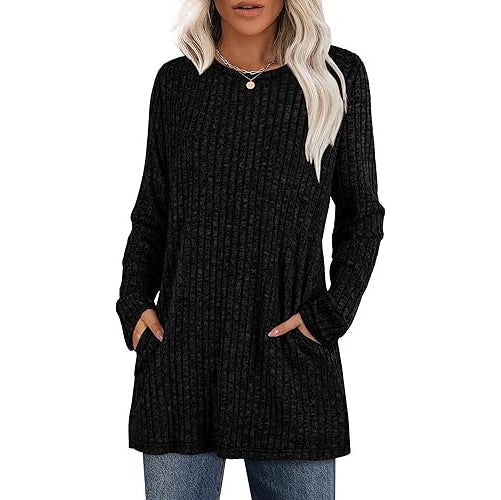 Women's casual hip-length tunic sweater in neutral stretch knit with functional side pockets