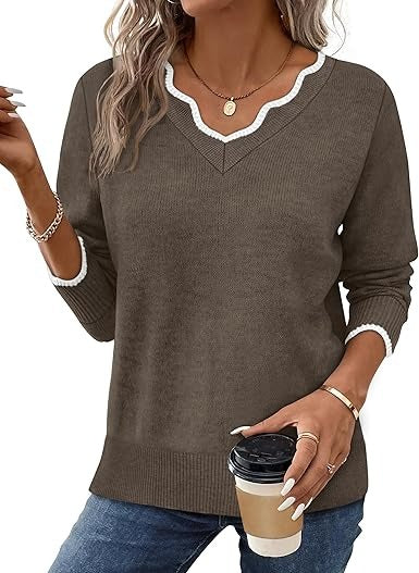 Women's cozy fuzzy knit V-neck sweater relaxed fit long sleeve casual fall top