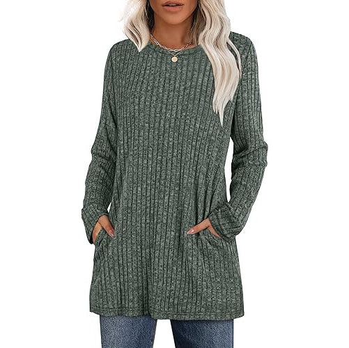 Women's casual hip-length tunic sweater in soft stretch knit with functional side pockets