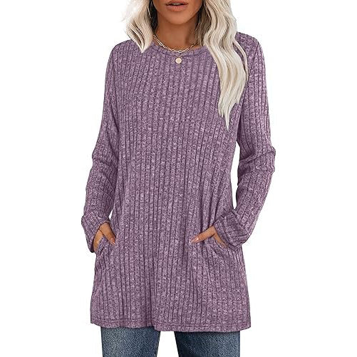 Women's casual hip-length tunic sweater in solid color, relaxed fit with functional side pockets