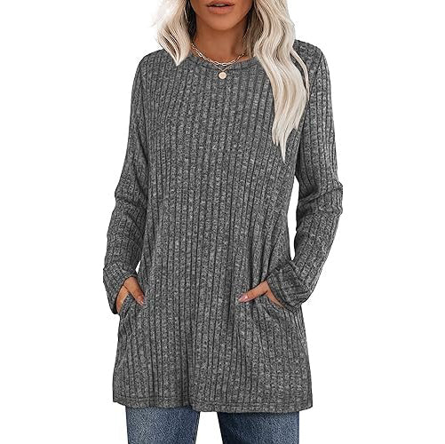 Women's casual hip-length tunic sweater in soft stretch knit with functional side pockets