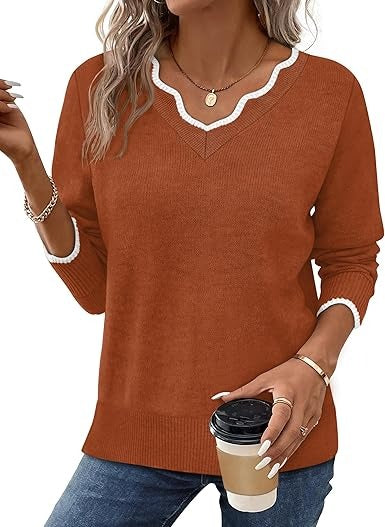 Women's cozy fuzzy knit V-neck sweater relaxed fit long sleeve casual fall top