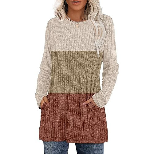 Women's casual hip-length tunic sweater in neutral tones, soft stretch knit with side pockets
