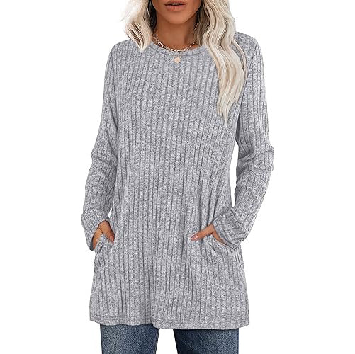 Women's casual hip-length tunic sweater in solid color, stretch knit with functional side pockets