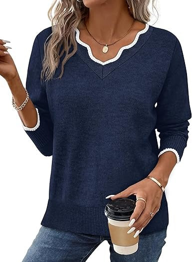 Women's cozy fuzzy knit V-neck sweater relaxed fit long sleeve casual fall top