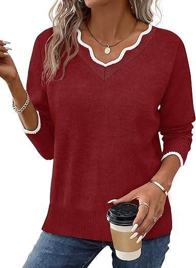 Women's cozy fuzzy knit V-neck sweater relaxed fit long sleeve casual fall top