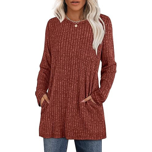 Women's casual hip-length tunic sweater in soft stretch knit with functional side pockets