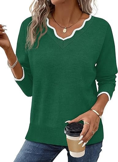 Women's cozy fuzzy knit V-neck sweater relaxed fit long sleeve casual fall top