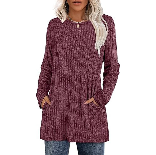 Women's casual hip-length tunic sweater in solid color, relaxed fit with functional side pockets