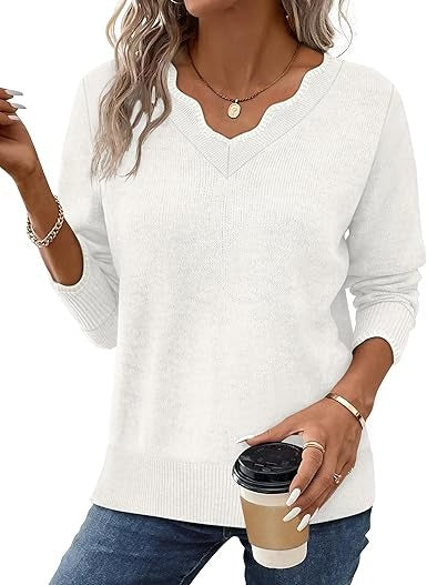 Women's cozy fuzzy knit V-neck sweater relaxed fit long sleeve casual fall top