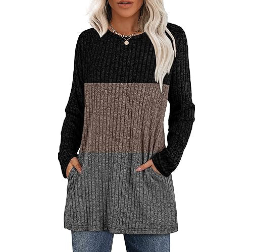 Women's casual hip-length tunic sweater in soft stretch knit with functional side pockets