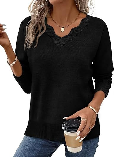 Women's cozy fuzzy knit V-neck sweater relaxed fit long sleeve casual fall top