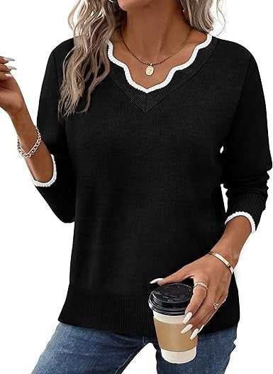 Women's cozy fuzzy knit V-neck sweater relaxed fit long sleeve casual fall top