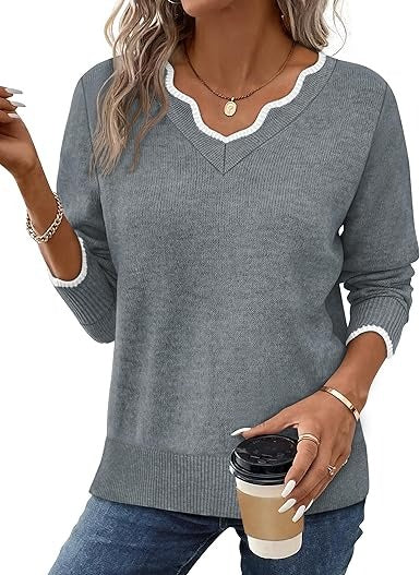 Women's cozy fuzzy knit V-neck sweater relaxed fit long sleeve casual fall top