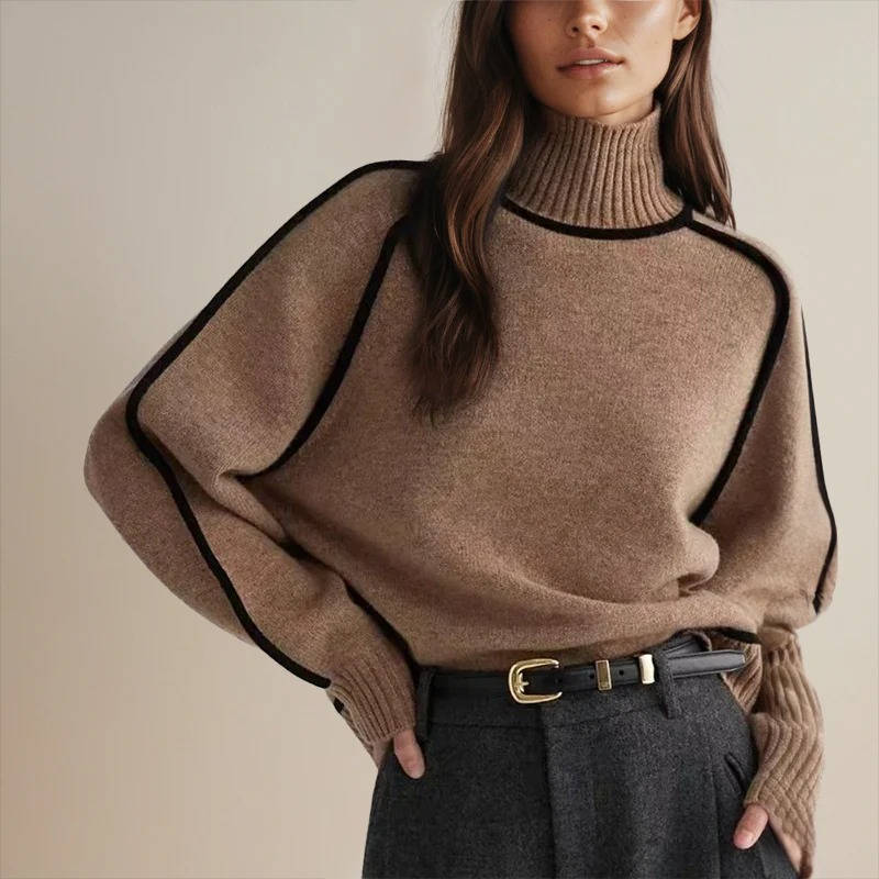 Women's cream turtleneck sweater relaxed fit soft knit half-high collar versatile work-to-weekend style