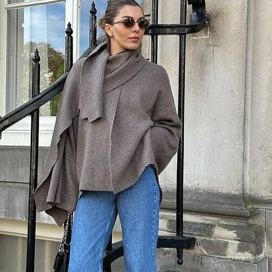 Draped cape jacket wool-blend knit neutral-tone unisex outerwear with elegant open-front silhouette