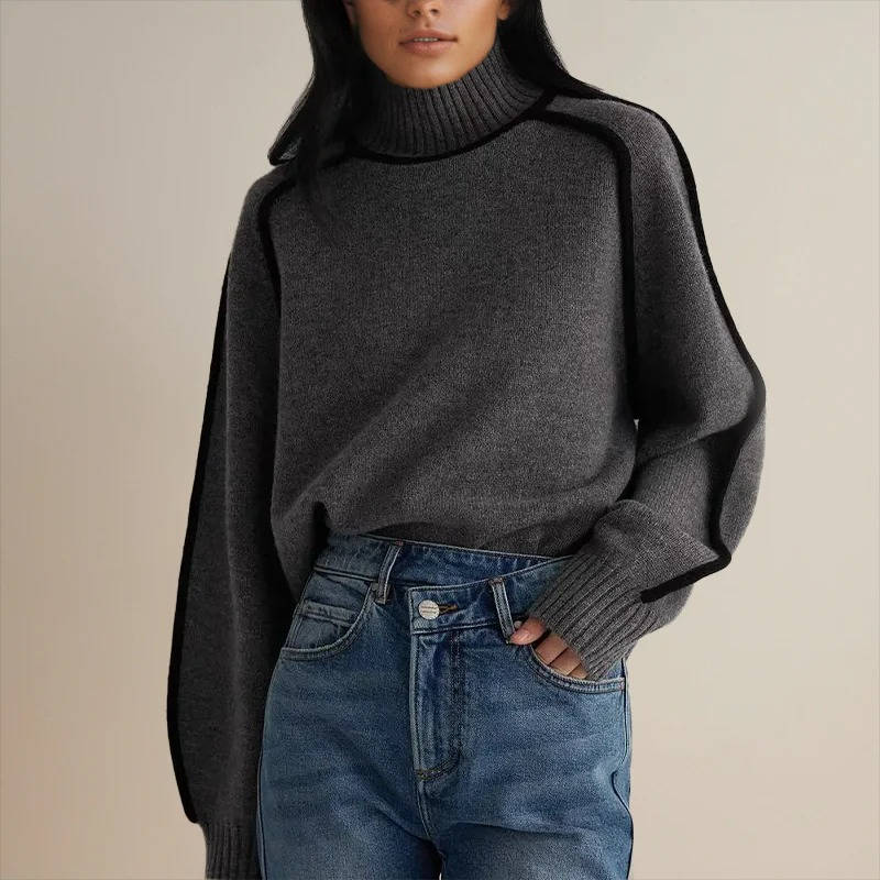 Women's beige turtleneck sweater relaxed fit soft polyester-acrylic knit designer-inspired work weekend