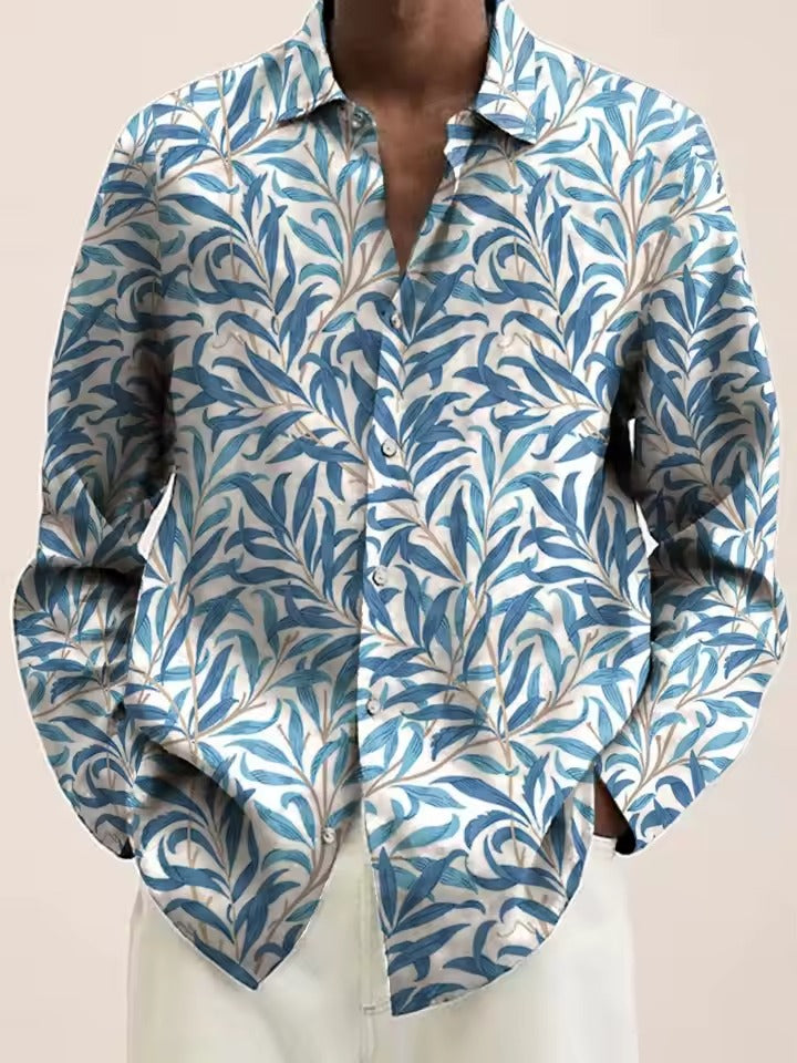 Men's navy casual button-down shirt with white blossom 3D floral pattern, perfect for brunch