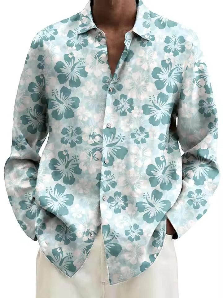 Men's navy blue casual button-down shirt with white blossom 3D floral pattern for brunch