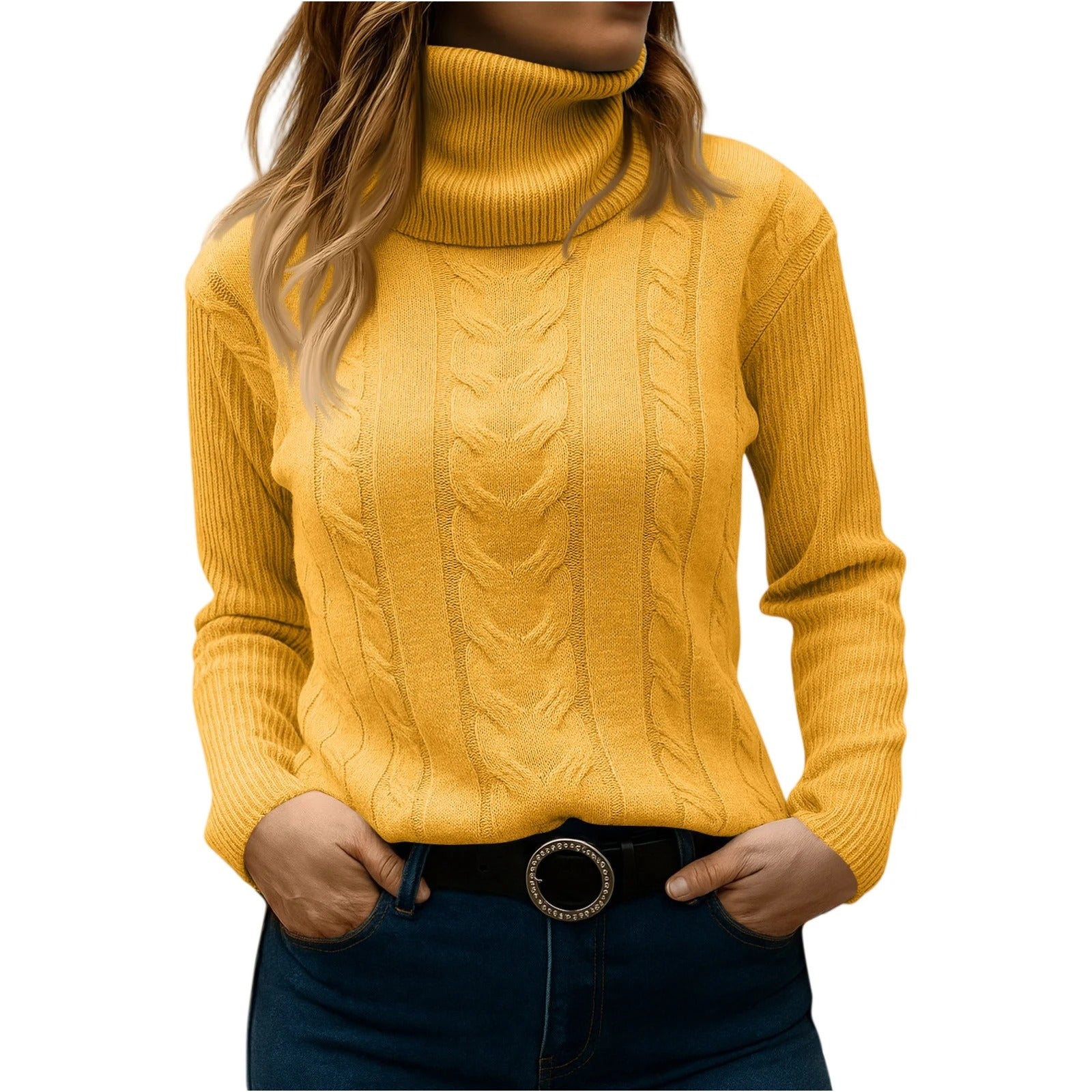 Women's cable knit turtleneck sweater relaxed elegant fit cozy everyday essential