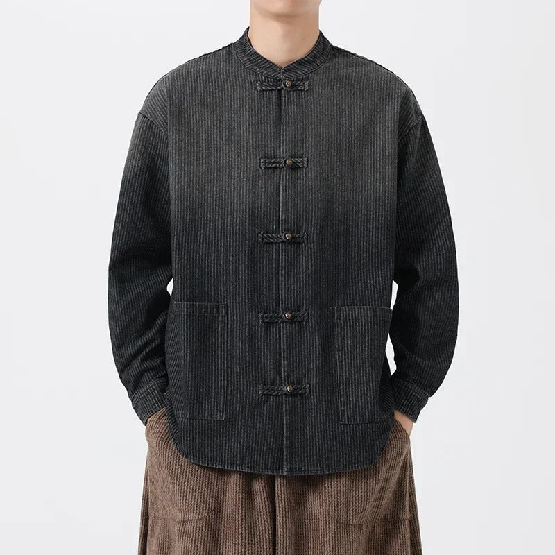Relaxed blue pinstripe denim overshirt with Tang jacket silhouette and traditional pankou knot closures