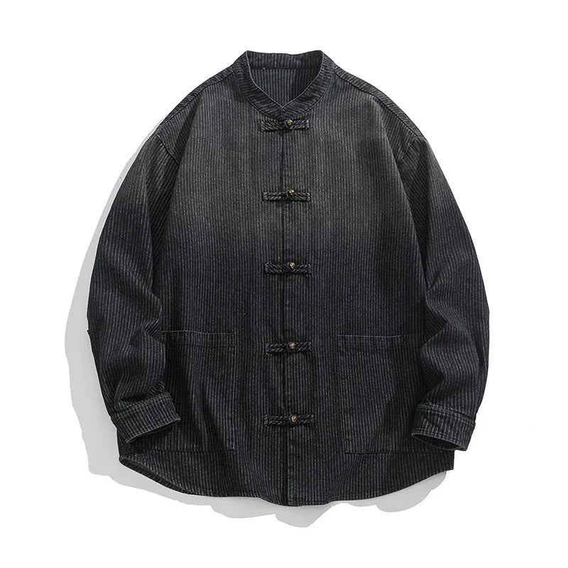 Relaxed-fit blue pinstripe denim overshirt with Tang jacket silhouette and pankou knot closures