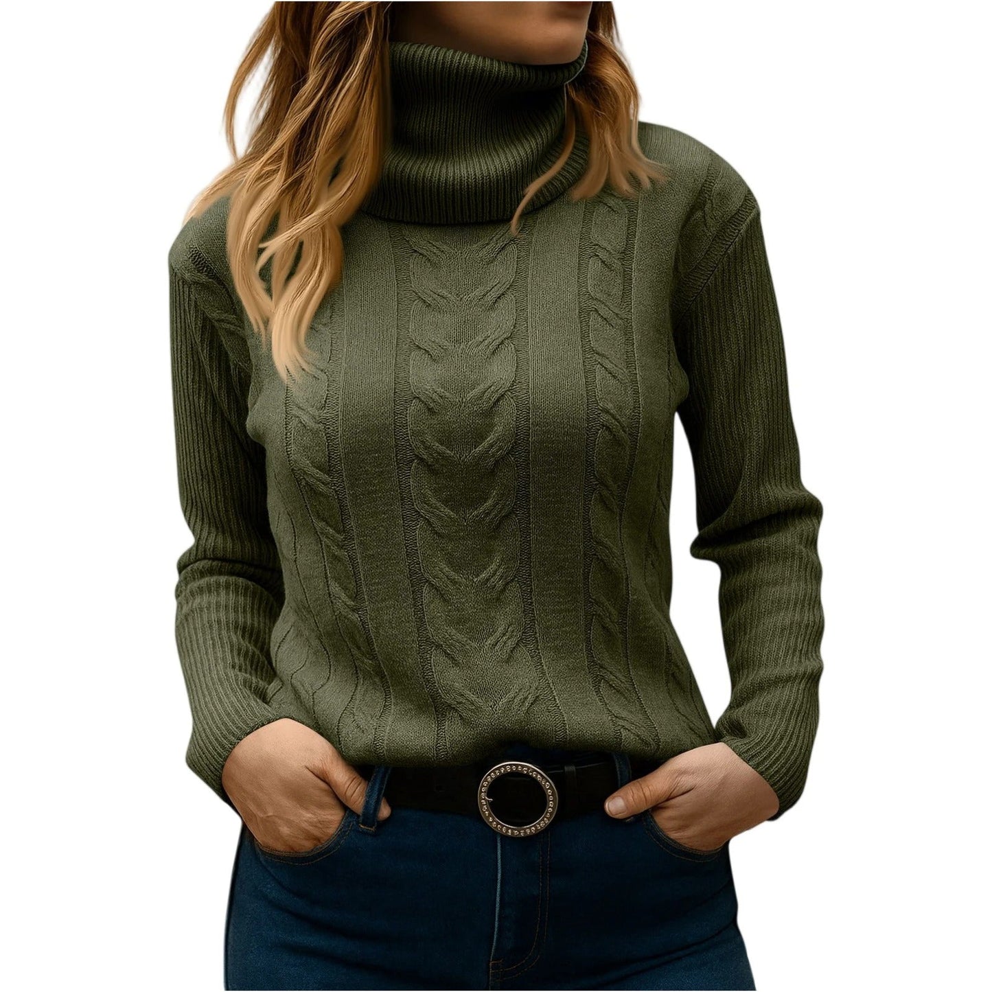 Women's cable knit turtleneck sweater in cozy relaxed fit with elegant textured pattern