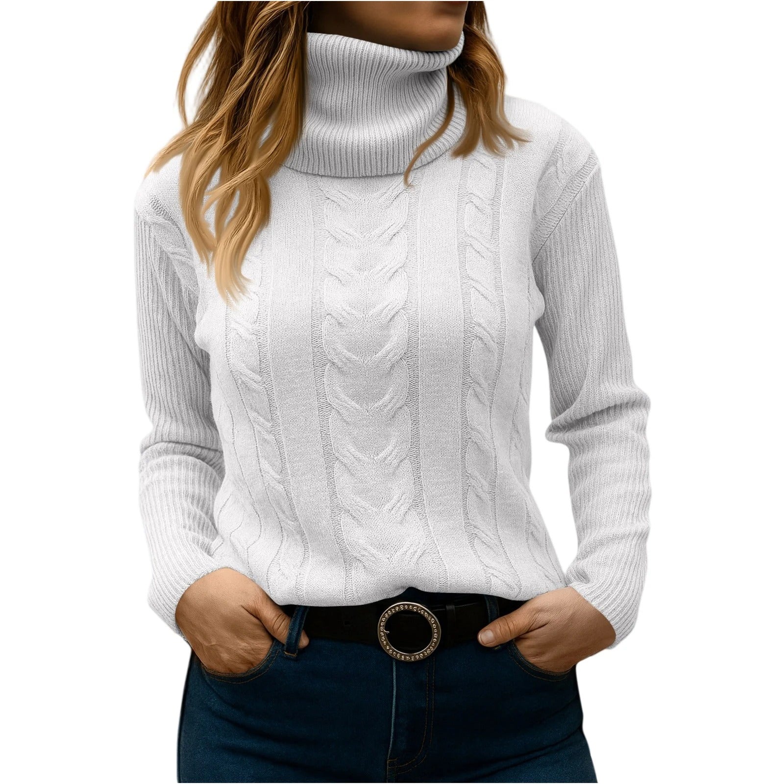 Women's cable knit turtleneck sweater relaxed elegant fit cozy everyday essential with textured pattern