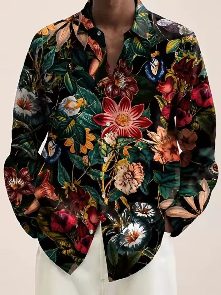 Men's navy casual button-down shirt with white blossom 3D floral pattern, perfect for brunch