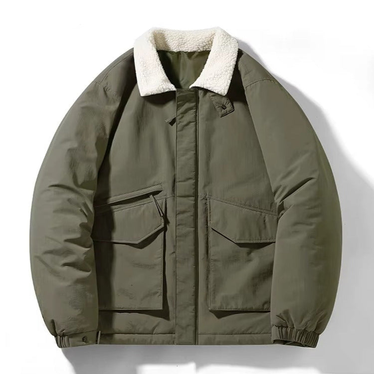 Oversized boxy puffer coat with white sherpa collar, muted tones, old-country inspired modern outerwear