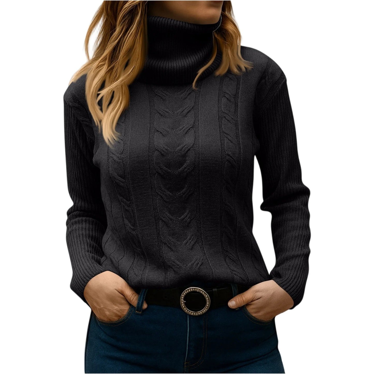 Women's cable knit turtleneck sweater relaxed elegant fit cozy everyday essential