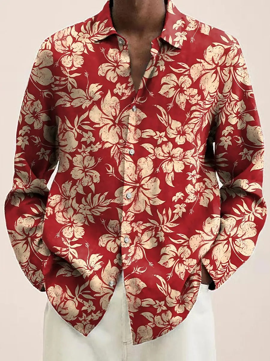 Men's navy casual button-down shirt with white blossom floral pattern and 3D textured depth